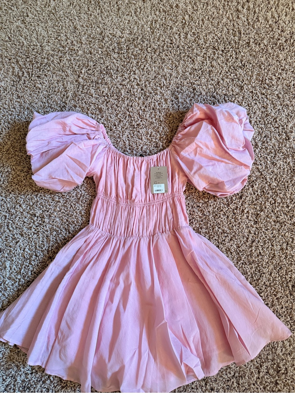 Girls' Pink Puff-Sleeve Smocked Waist Dress
